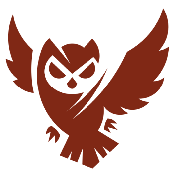 A red owl with wings outstretched and an angry face.